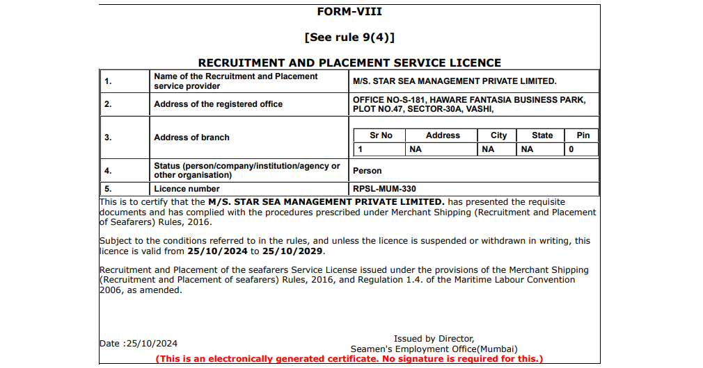 Recruitment & Placement Service License (RPSL-MUM-330)